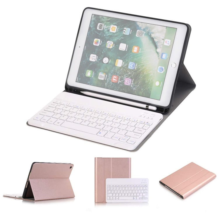 取り外し可能なBluetoothキーボード + ホルダー＆ペンホルダー付き横開きレザータブレットケース iPad Pro 9.7インチ、iPad Air、iPad Air 2、iPad 9.7インチ（2017）、iPad 9.7インチ（2018）用、A07B ブルー、A07B ローズゴールド、A07B ブラック、A07B ゴールド