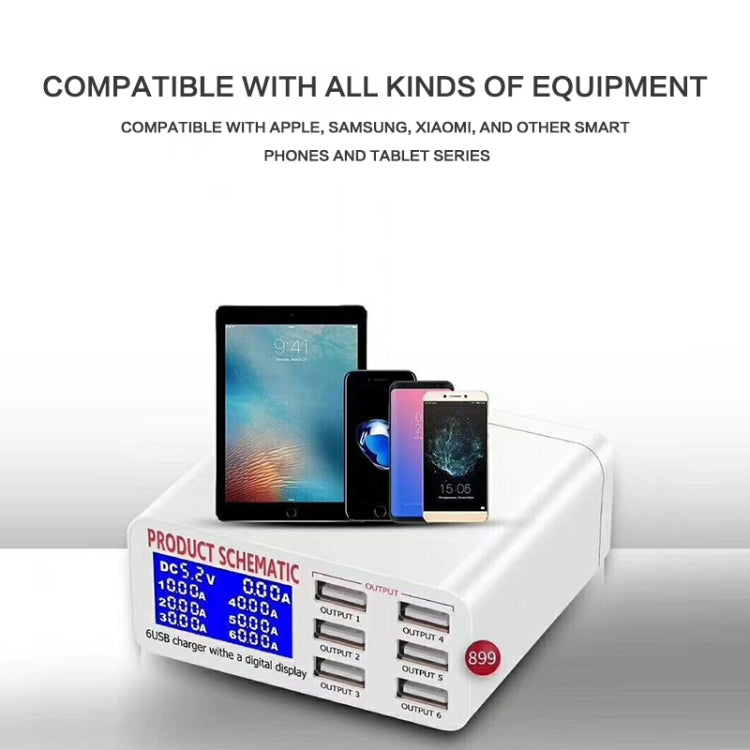 899 30W QC 3.0 6 USBポート高速充電器 LCDデジタルディスプレイ付き、EUプラグ、899
