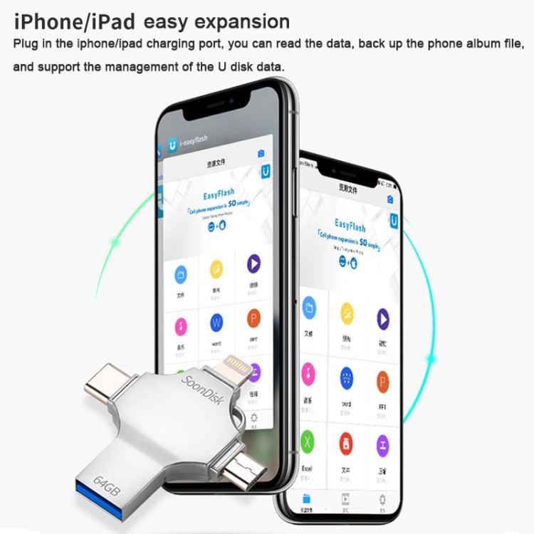 4in1 64GB USB 3.0 + 8ピン + Micro USB + USB-C / Type-C デュアルユースフラッシュドライブ OTG機能付き、64GB
