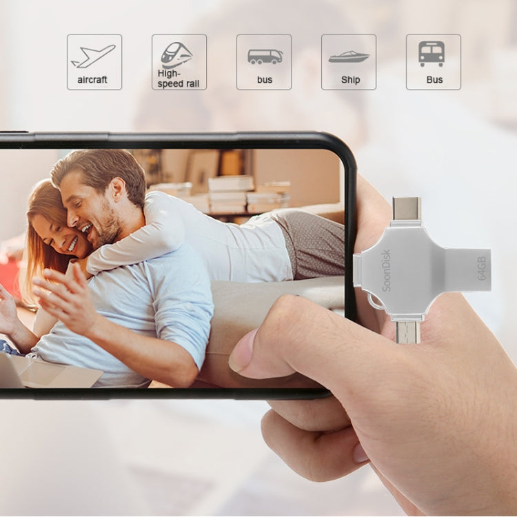 4in1 64GB USB 3.0 + 8ピン + Micro USB + USB-C / Type-C デュアルユースフラッシュドライブ OTG機能付き、64GB