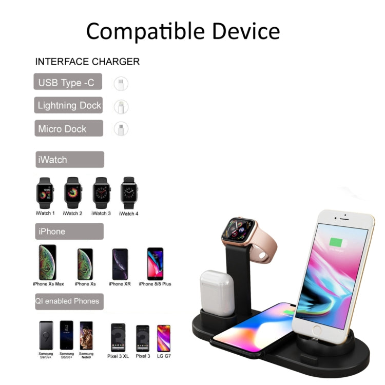 HQ-UD15 5in1 8ピン + Micro USB + USB-C / Type-C インターフェース + 8ピンイヤホン充電インターフェース + ワイヤレス充電チャージャーベース 時計スタンド付き（ホワイト）、ワイヤレス充電対応ブラック、ワイヤレス充電対応ホワイト、ワイヤレス充電対応シルバー