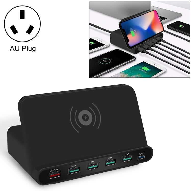 828W 7in1 60W QC 3.0 USBインターフェース + 4 USBポート + USB-C / Type-Cインターフェース + ワイヤレス充電 多機能チャージャー 携帯電話ホルダー機能付き、AUプラグ、AUプラグブラック、AUプラグホワイト