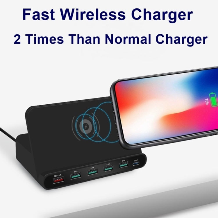 828W 7in1 60W QC 3.0 USBインターフェース + 4 USBポート + USB-C / Type-Cインターフェース + ワイヤレス充電 多機能チャージャー 携帯電話ホルダー機能付き、AUプラグ、AUプラグブラック、AUプラグホワイト