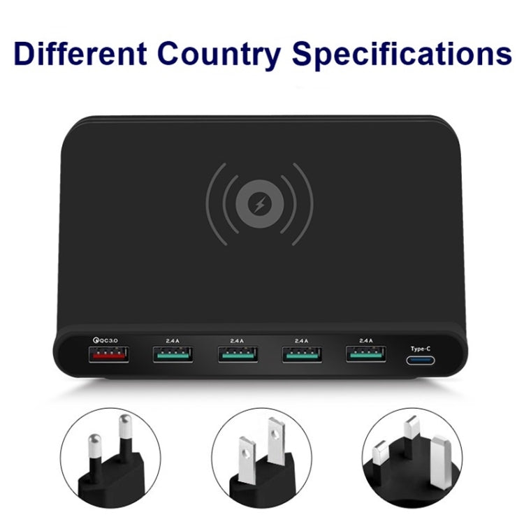 828W 7 in 1 60W QC 3.0 USBインターフェース + 4 USBポート + USB-C / Type-Cインターフェース + ワイヤレス充電多機能充電器 携帯電話ホルダー機能付き、UKプラグ、UKプラグブラック、UKプラグホワイト