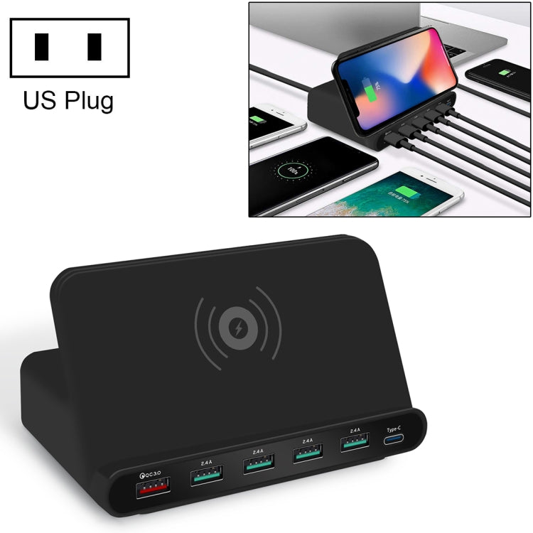 828W 7in1 60W QC 3.0 USBインターフェース + 4 USBポート + USB-C / Type-Cインターフェース + ワイヤレス充電 多機能チャージャー 携帯電話ホルダー機能付き、USプラグ、USプラグブラック、USプラグホワイト