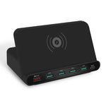 828W 7in1 60W QC 3.0 USBインターフェース + 4 USBポート + USB-C / Type-Cインターフェース + ワイヤレス充電 多機能チャージャー 携帯電話ホルダー機能付き、USプラグ、USプラグブラック、USプラグホワイト