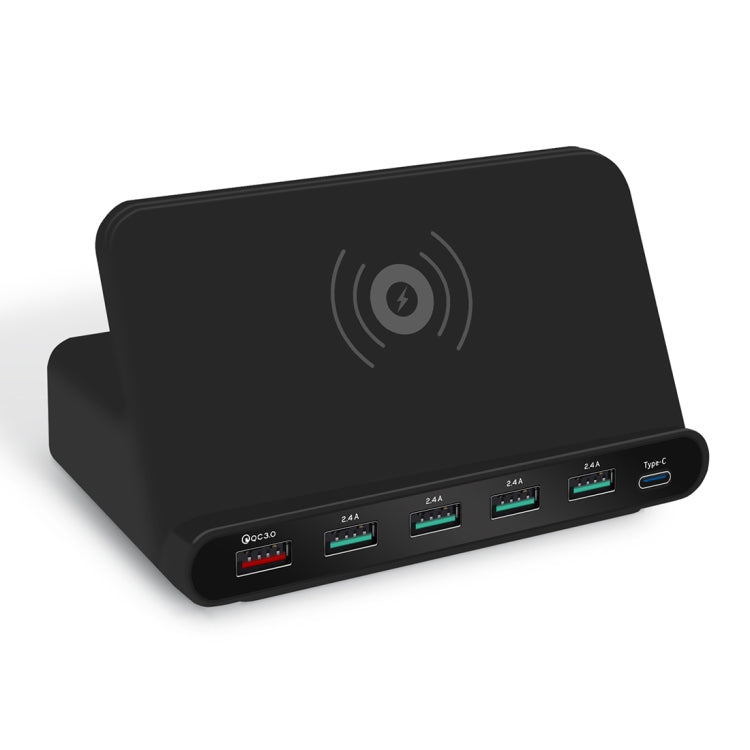 828W 7in1 60W QC 3.0 USBインターフェース + 4 USBポート + USB-C / Type-Cインターフェース + ワイヤレス充電 多機能チャージャー 携帯電話ホルダー機能付き、USプラグ、USプラグブラック、USプラグホワイト
