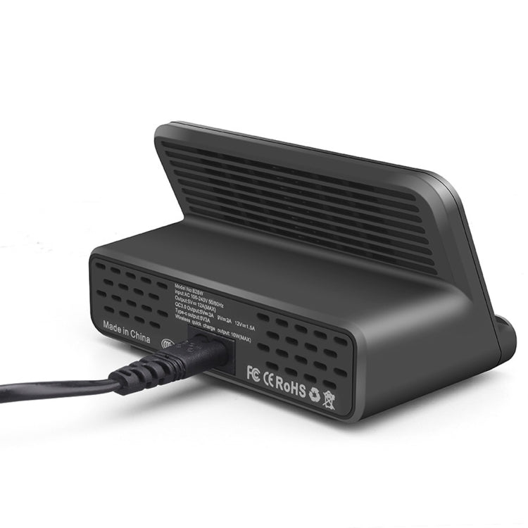 828W 7in1 60W QC 3.0 USBインターフェース + 4 USBポート + USB-C / Type-Cインターフェース + ワイヤレス充電 多機能チャージャー 携帯電話ホルダー機能付き、USプラグ、USプラグブラック、USプラグホワイト