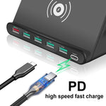 828W 7in1 60W QC 3.0 USBインターフェース + 4 USBポート + USB-C / Type-Cインターフェース + ワイヤレス充電 多機能チャージャー 携帯電話ホルダー機能付き、USプラグ、USプラグブラック、USプラグホワイト