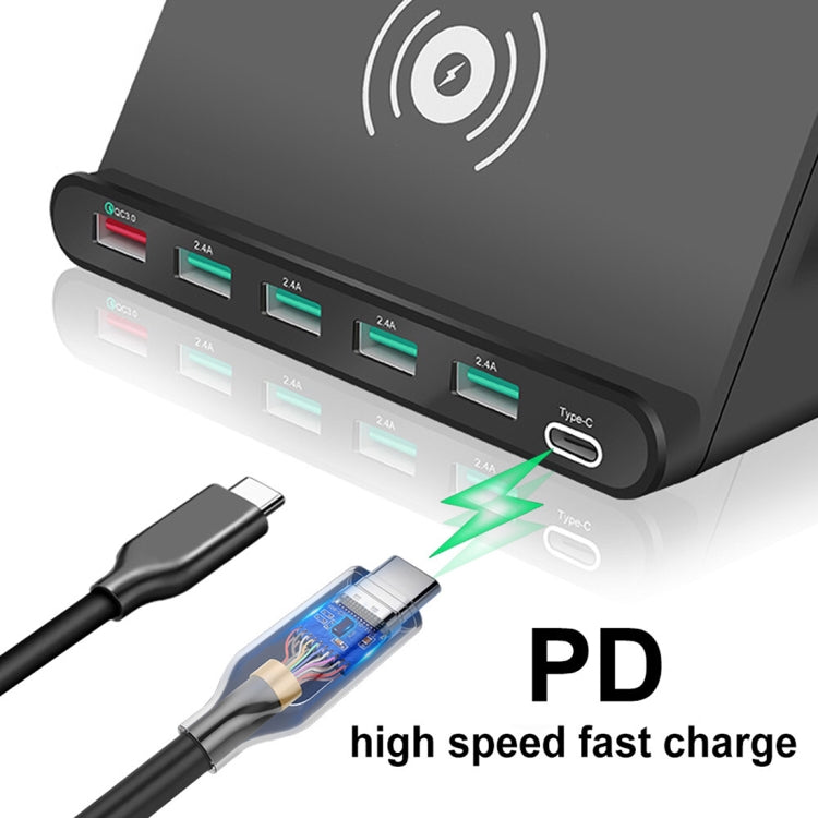 828W 7in1 60W QC 3.0 USBインターフェース + 4 USBポート + USB-C / Type-Cインターフェース + ワイヤレス充電 多機能チャージャー 携帯電話ホルダー機能付き、USプラグ、USプラグブラック、USプラグホワイト