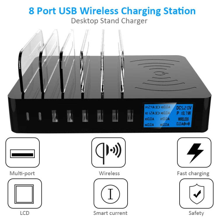50W 6 USBポート + 2 USB-C / Type-Cポート + ワイヤレス充電 多機能充電器 LEDディスプレイ＆着脱式ベゼル付き、EUプラグ、EUプラグ