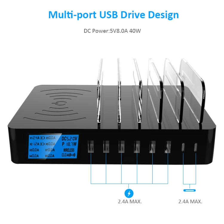 50W 6 USBポート + 2 USB-C / Type-Cポート + ワイヤレス充電 多機能充電器 LEDディスプレイ＆着脱式ベゼル付き、AUプラグ、AUプラグ