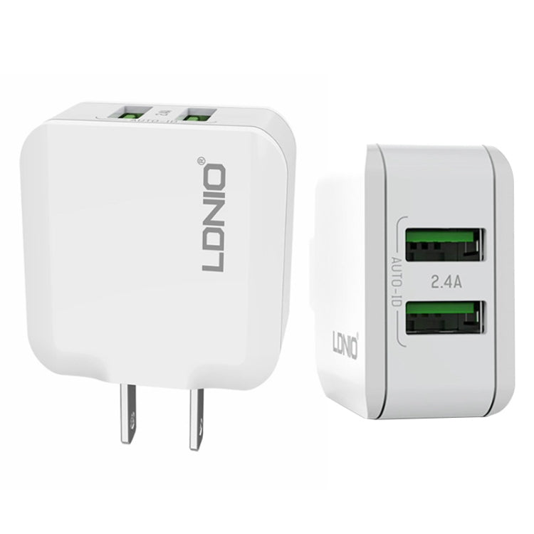 LDNIO A2201 2.4A デュアルUSB 充電ヘッド トラベル直充電 携帯電話アダプター チャージャー 8ピンデータケーブル付き、8ピン
