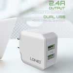 LDNIO A2201 2.4A デュアルUSB 充電ヘッド トラベル直充電 携帯電話アダプター チャージャー 8ピンデータケーブル付き、8ピン