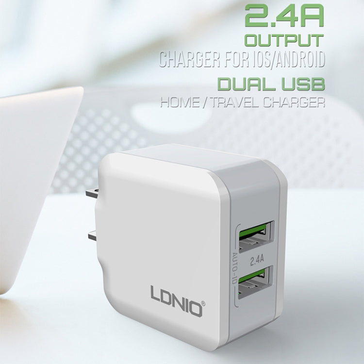 LDNIO A2201 2.4A デュアルUSB 充電ヘッド トラベル直充電 携帯電話アダプター チャージャー 8ピンデータケーブル付き、8ピン