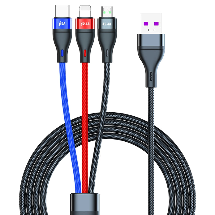 40W 5A USB to Micro USB + USB-C / Type-C + 8ピン 高速充電データケーブル、ケーブル長さ：1.2m、1.2m