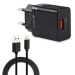 LZ-728 2in1 18W QC 3.0 USBインターフェース トラベルチャージャー + USB to 8ピン データケーブルセット、EUプラグ、ケーブル長：1m、8ピンケーブル付き