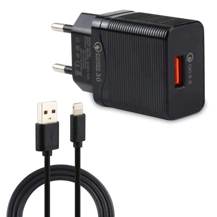 LZ-728 2in1 18W QC 3.0 USBインターフェース トラベルチャージャー + USB to 8ピン データケーブルセット、EUプラグ、ケーブル長：1m、8ピンケーブル付き