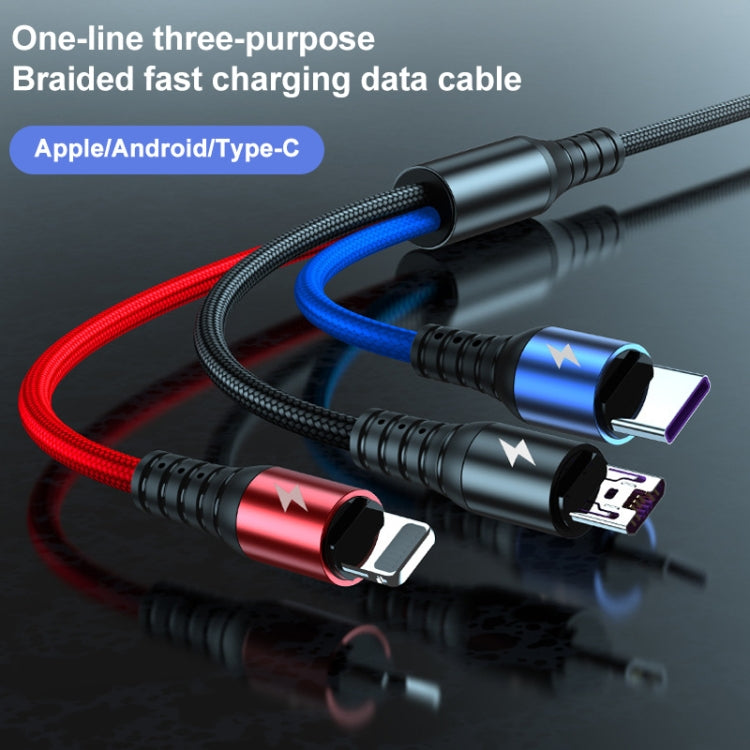K061 1.2m 5A 3イン1 USBから8ピン＋USB-C／Type-C＋Micro USBラウンド高速充電データケーブル