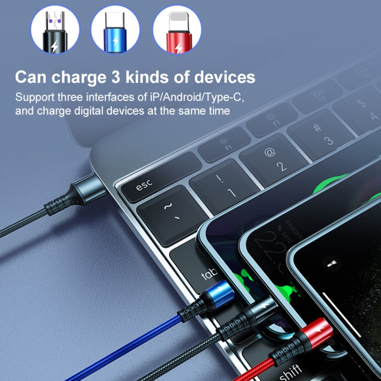 K061 1.2m 5A 3イン1 USBから8ピン＋USB-C／Type-C＋Micro USBラウンド高速充電データケーブル