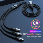 ADC-138 66W 3イン1 USBから8ピン＋Micro USB＋USB-C／Type-C高速充電編組データケーブル、ケーブル長さ：1.2m