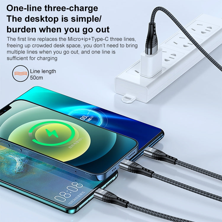 ADC-138 66W 3イン1 USBから8ピン＋Micro USB＋USB-C／Type-C高速充電編組データケーブル、ケーブル長さ：1.2m
