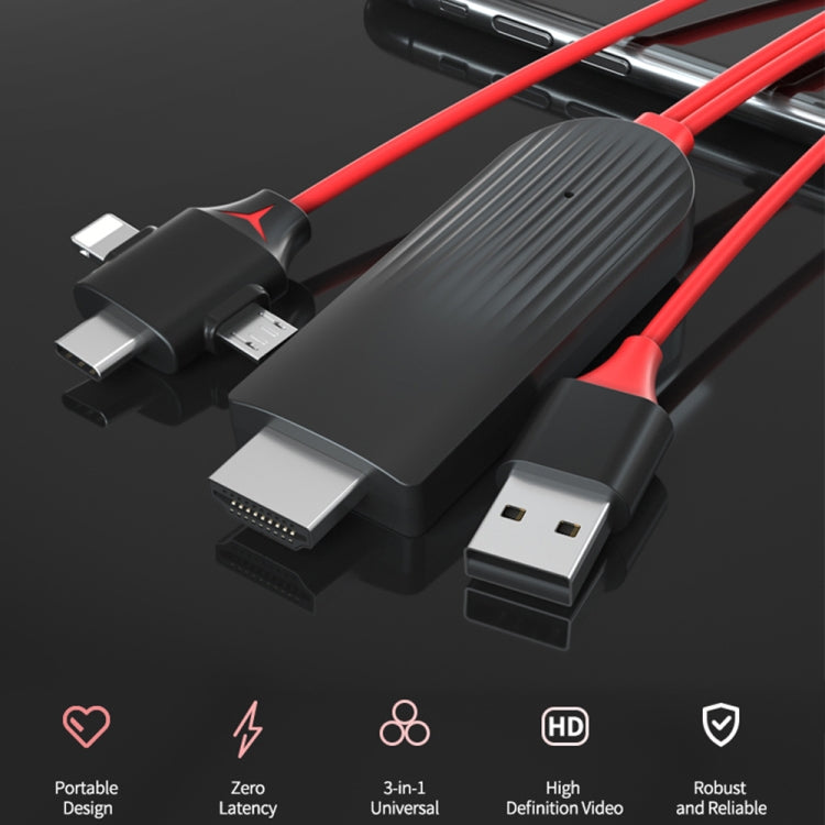 MiraScreen L7-8 3-in-1 8ピン＋マイクロUSB＋USB-C / Type-C to HDMIビデオコンバーターケーブル、ケーブル長：2m、3-in-1 HDMI