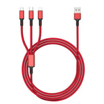 編組 3A 3in1 USB から Type-C / 8ピン / Micro USB 急速充電ケーブル、ケーブル長：1.2m、ホワイトプラグ（レッド）、ホワイトプラグ（ブラック）、ホワイトプラグ（ブルー）
