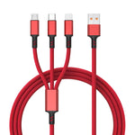 編組 3A 3in1 USB から Type-C / 8ピン / Micro USB 急速充電ケーブル、ケーブル長：1.2m、ホワイトプラグ（レッド）、ホワイトプラグ（ブラック）、ホワイトプラグ（ブルー）