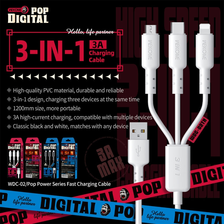 WEKOME WDC-02 潮流エネルギーシリーズ 3A USB to 8ピン+Type-C+Micro USB 3-in-1 PVCデータケーブル、長さ: 1.2m