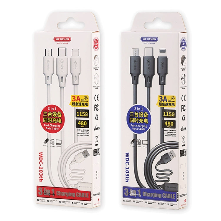 WK WDC-103 3A 3in1 8ピン + Micro USB + Type-C / USB-C フルスピードプロ充電データケーブル、長さ：1.15m