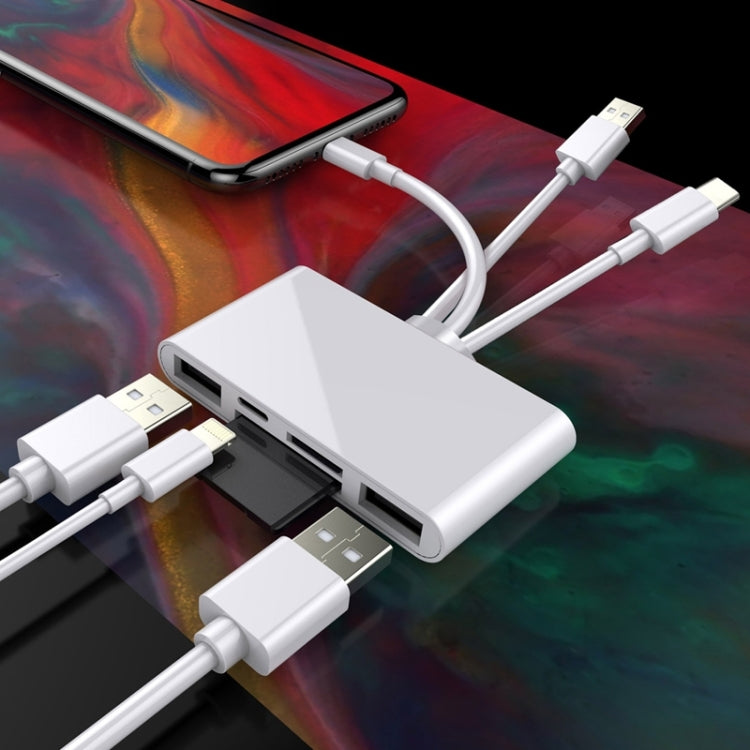 5イン1 8ピン + Type-C / USB-C + USB + TFカード + SDカード 多機能カメラリーダーアダプター、5イン1