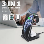 10W 3イン1 QC 3.0 縦型多機能ワイヤレス充電器 スタンド機能付き、携帯電話 / Apple Watch / AirPods対応