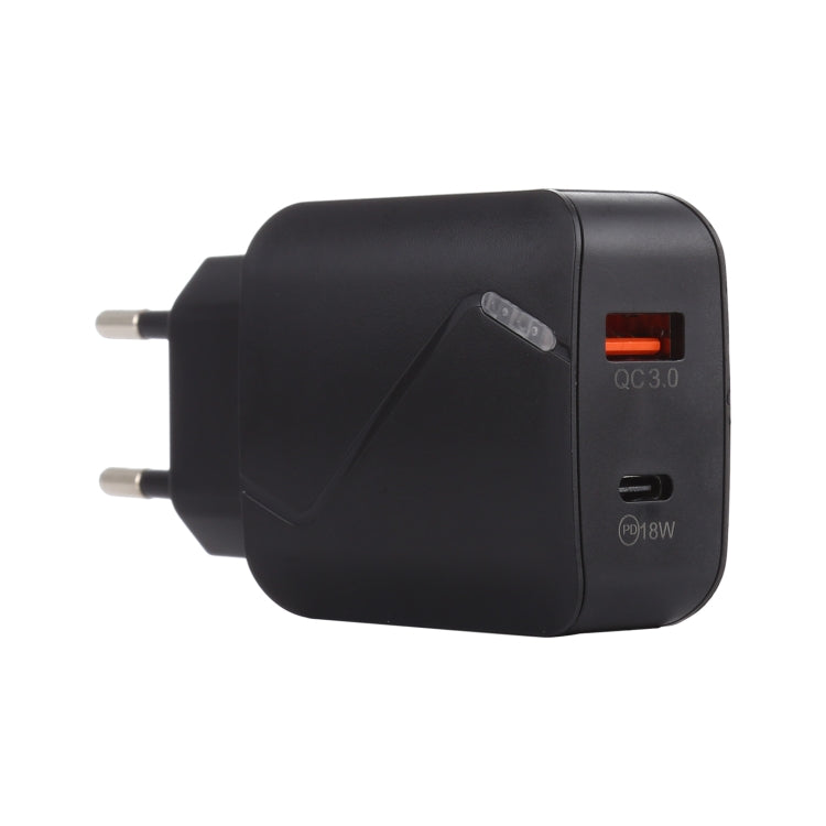 LZ-819A+C QC3.0 USB + PD 18W USB-C / Type-C インターフェース トラベルチャージャー インジケーターライト付き、EUプラグ、EUプラグ