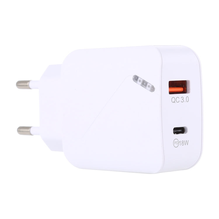 LZ-819A+C QC3.0 USB + PD 18W USB-C / Type-C インターフェース トラベルチャージャー インジケーターライト付き、EUプラグ、EUプラグ