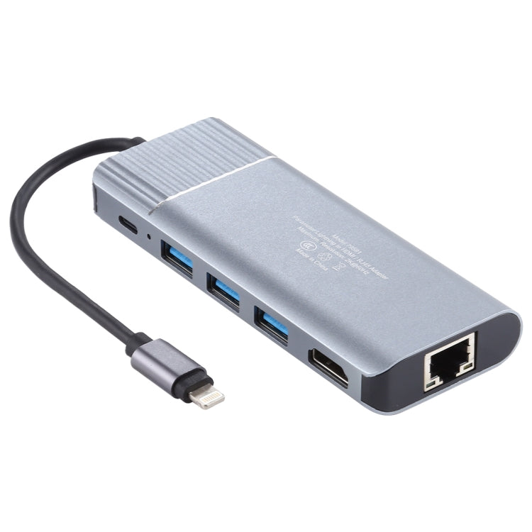 6イン1 USB 2.0 x 3 + HDMI + RJ45 + 8ピンメス充電ポートから8ピンオスへの多機能ドックステーションアダプター、79591