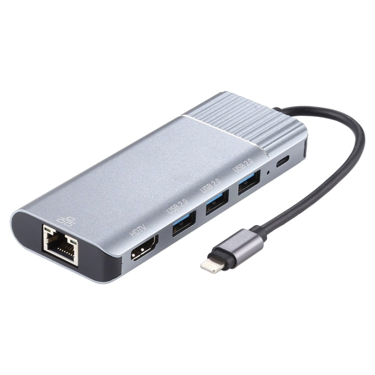 6イン1 USB 2.0 x 3 + HDMI + RJ45 + 8ピンメス充電ポートから8ピンオスへの多機能ドックステーションアダプター、79591