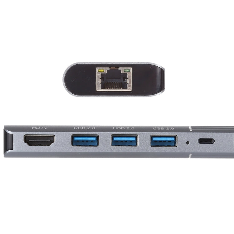 6イン1 USB 2.0 x 3 + HDMI + RJ45 + 8ピンメス充電ポートから8ピンオスへの多機能ドックステーションアダプター、79591