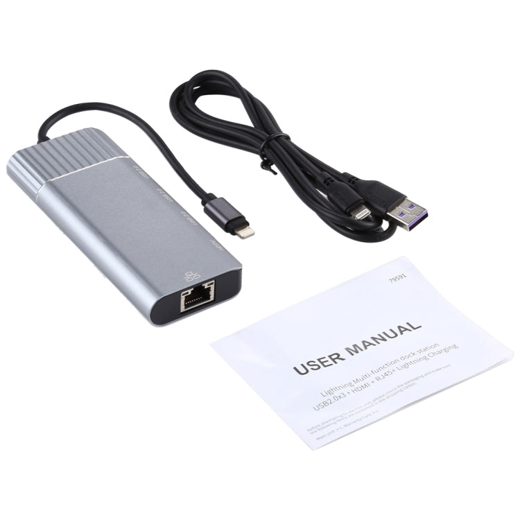 6イン1 USB 2.0 x 3 + HDMI + RJ45 + 8ピンメス充電ポートから8ピンオスへの多機能ドックステーションアダプター、79591