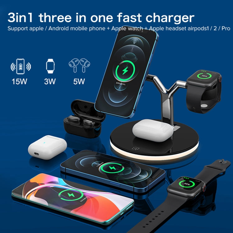 3イン1 25W 多機能マグネティックワイヤレス充電器 携帯電話＆Apple Watch＆AirPods対応、カラフルLEDライト付き