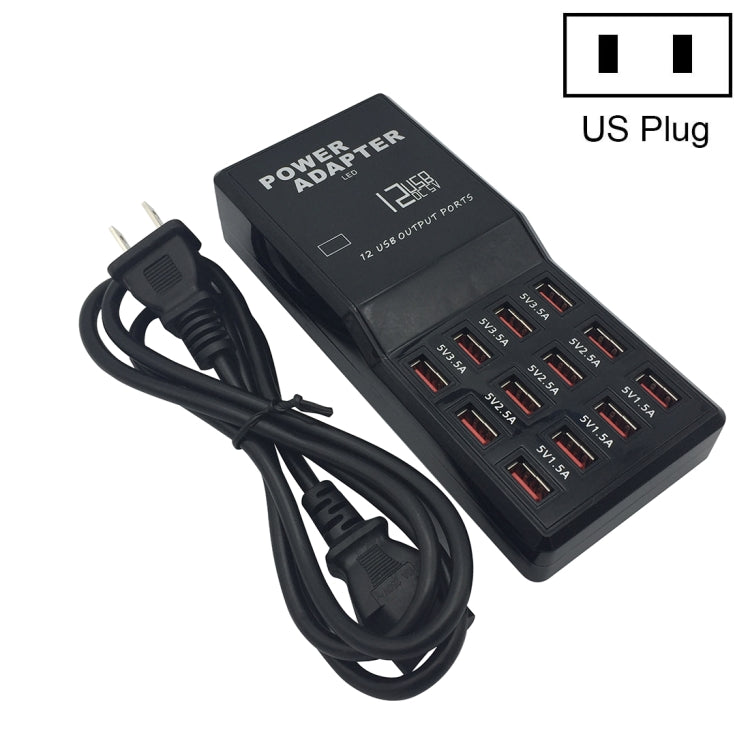 W-858 12A 12ポート USB急速充電ドック デスクトップスマートチャージャー AC100-240V、USプラグ、USプラグ
