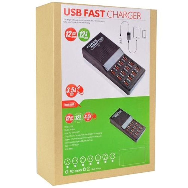 W-858 12A 12ポート USB急速充電ドック デスクトップスマートチャージャー AC100-240V、EUプラグ、EUプラグ