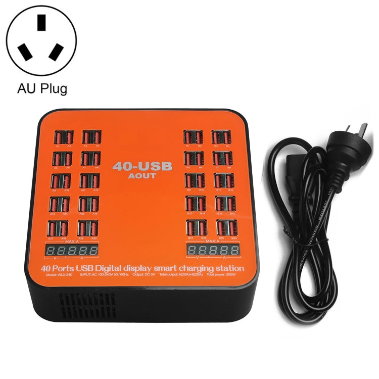WLX-840 200W 40ポートUSBデジタルディスプレイスマート充電ステーション AC100-240V、AUプラグ（ブラック＋オレンジ）、AUプラグ