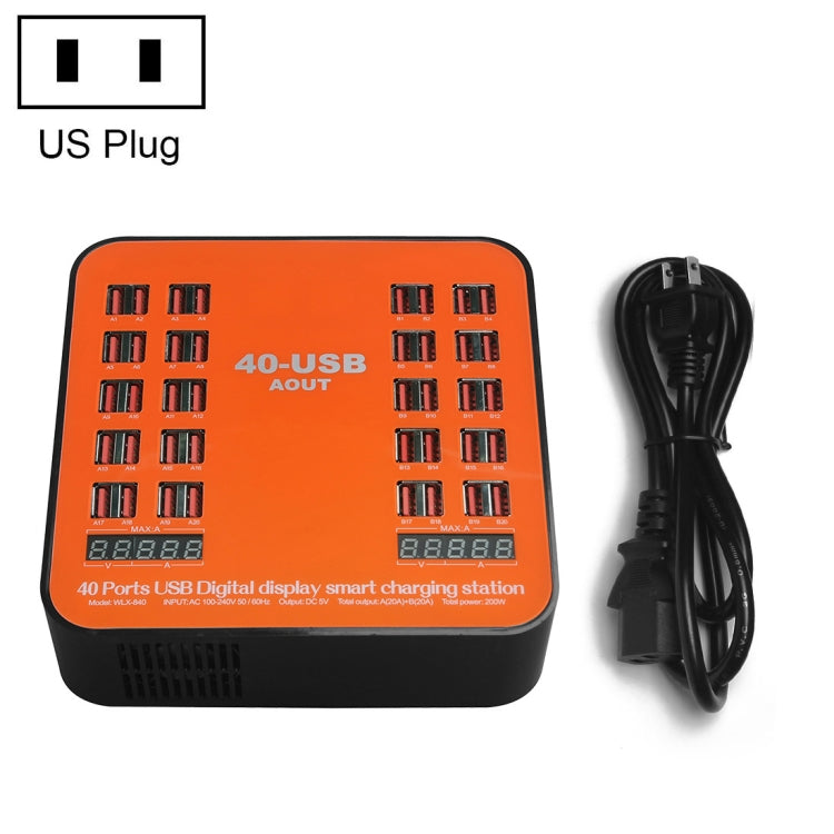 WLX-840 200W 40ポートUSBデジタルディスプレイスマート充電ステーション AC100-240V、USプラグ（ブラック＋オレンジ）、USプラグ