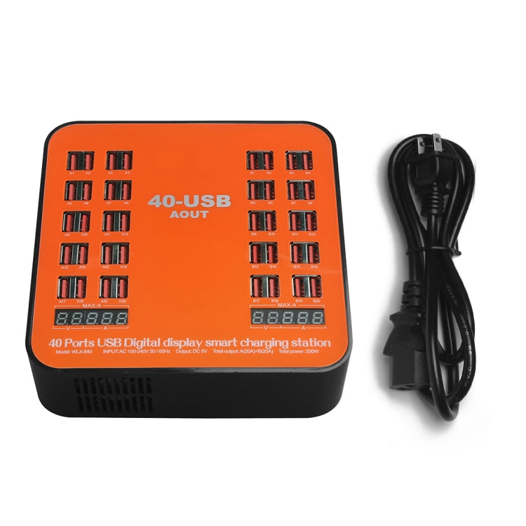 WLX-840 200W 40ポートUSBデジタルディスプレイスマート充電ステーション AC100-240V、USプラグ（ブラック＋オレンジ）、USプラグ