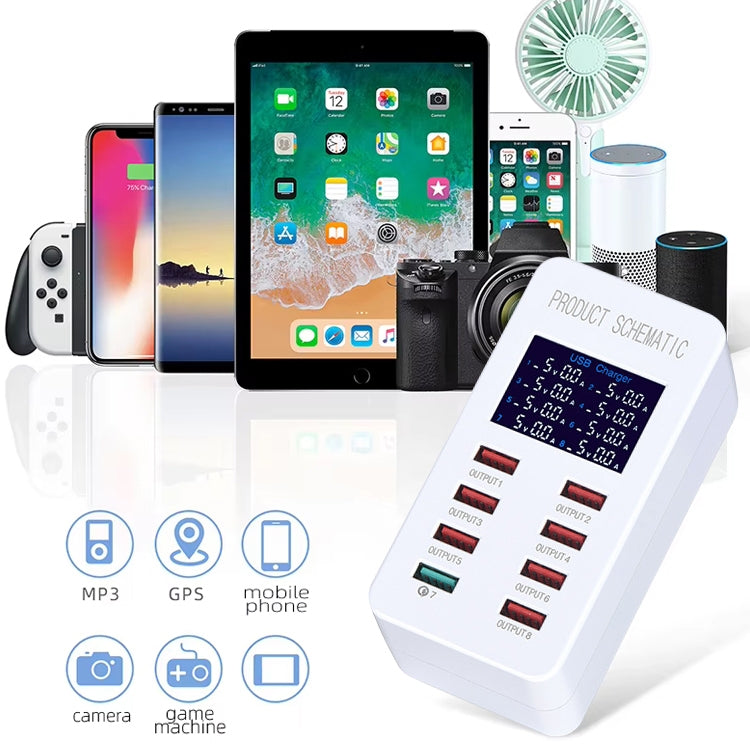 A8 50W 8ポート USB + QC3.0 スマート充電ステーション デジタルディスプレイ付き AC100-240V、EUプラグ、A8 EUプラグ