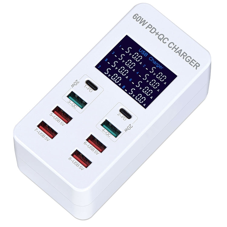 A8T 60W 8ポート USB + QC3.0 + PD Type-C スマート充電ステーション デジタルディスプレイ付き AC100-240V、AUプラグ、A8T AUプラグ