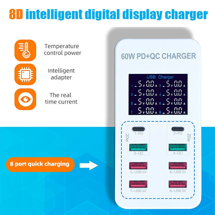 A8T 60W 8ポート USB + QC3.0 + PD Type-C スマート充電ステーション デジタルディスプレイ付き AC100-240V、AUプラグ、A8T AUプラグ