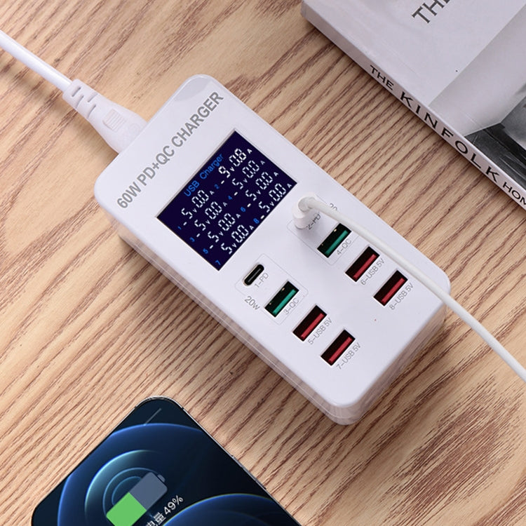 A8T 60W 8ポート USB + QC3.0 + PD Type-C スマート充電ステーション デジタルディスプレイ付き AC100-240V、EUプラグ、A8T EUプラグ