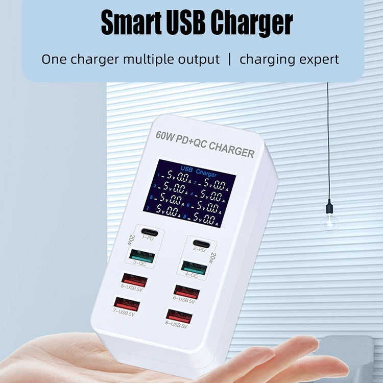A8T 60W 8ポート USB + QC3.0 + PD Type-C スマート充電ステーション デジタルディスプレイ付き AC100-240V、EUプラグ、A8T EUプラグ
